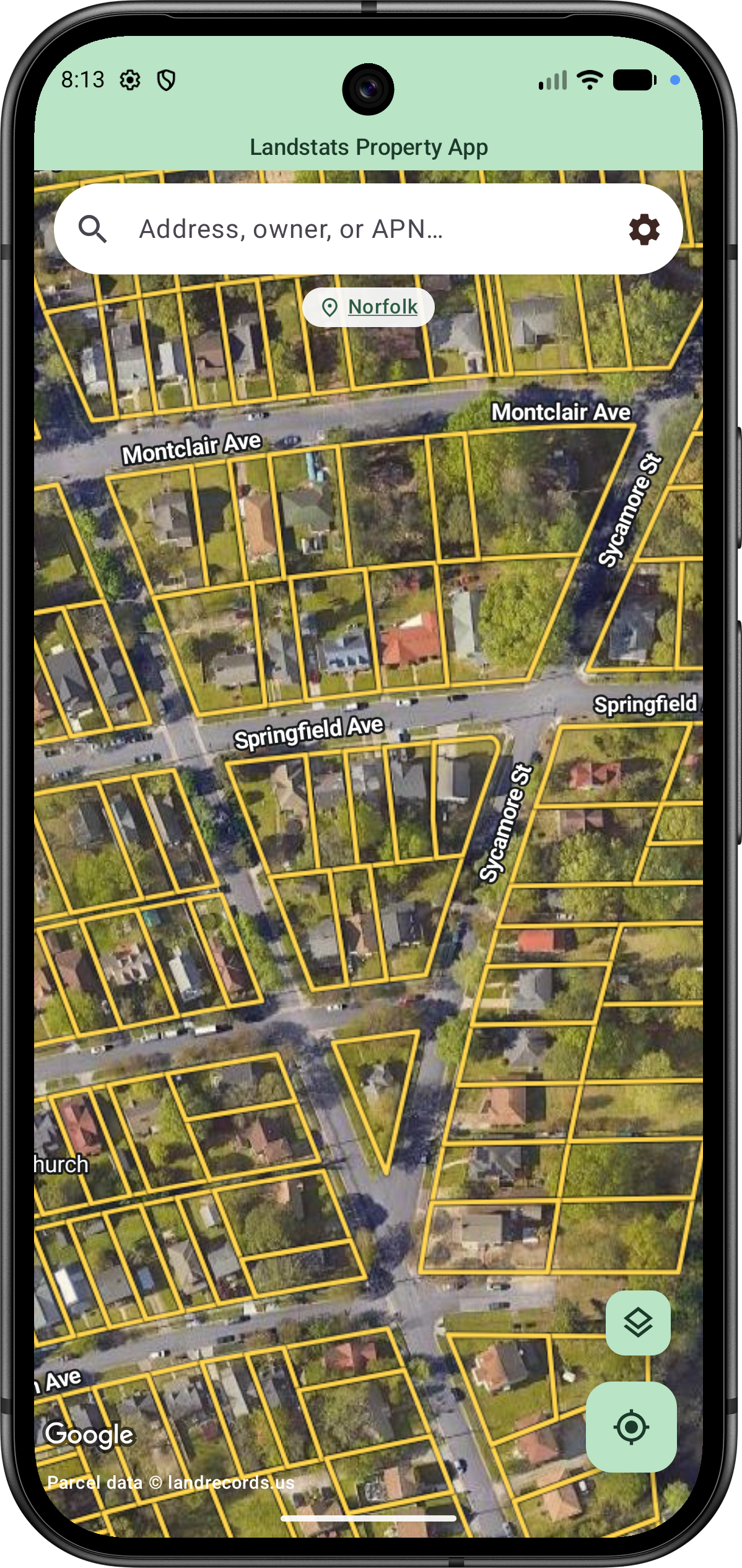 Parcel boundaries drawn over satellite imagery