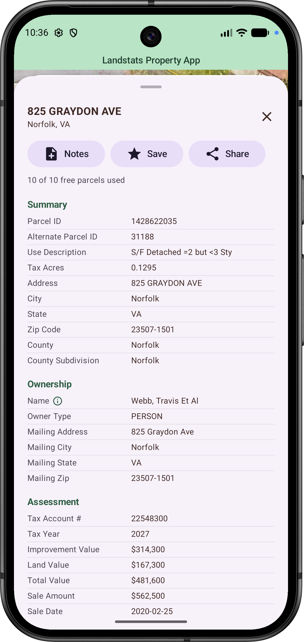 Expanded parcel record showing grouped attribute fields