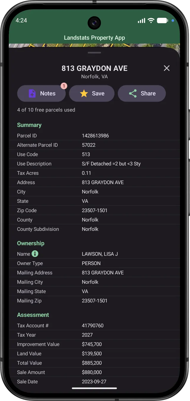 Expanded parcel record with Summary, Ownership, and Assessment fields