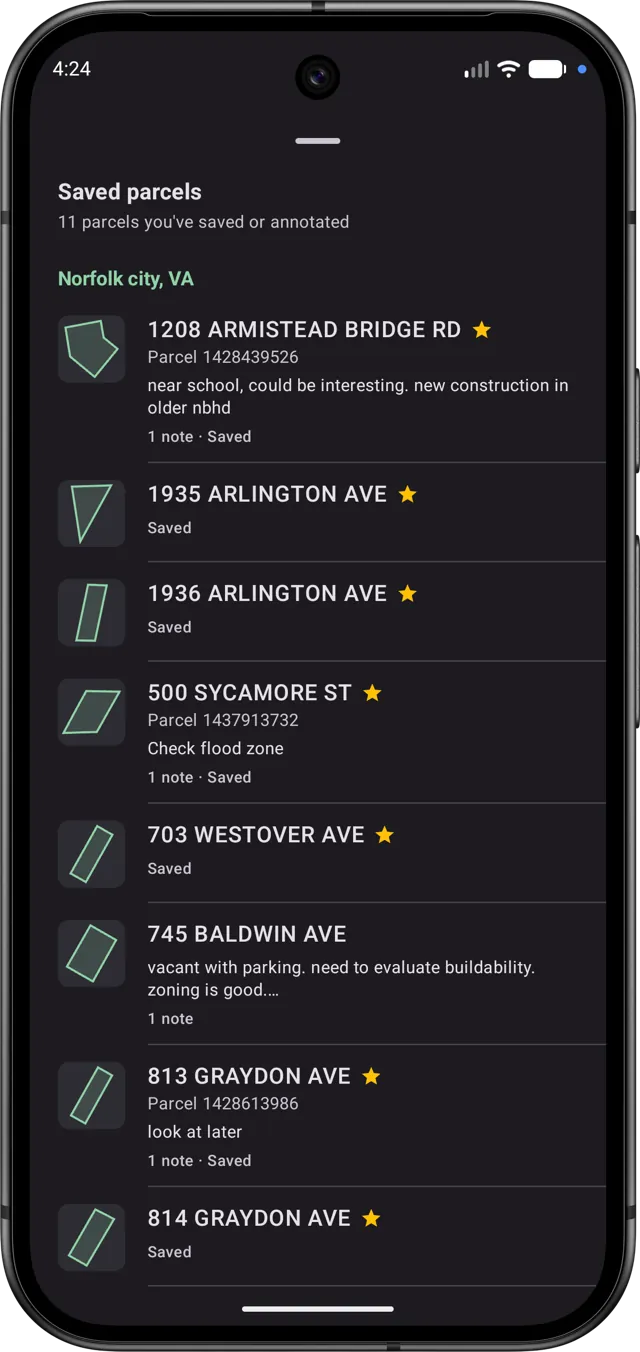 The Saved parcels list, grouped by county, each with its outline, address, and notes